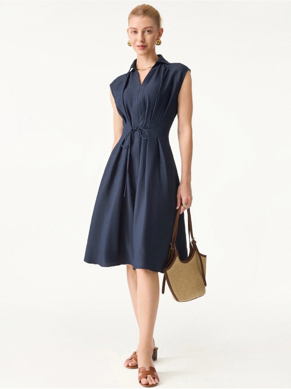 OGL Navy Sleeveless Collared Tie-Waist Midi Dress